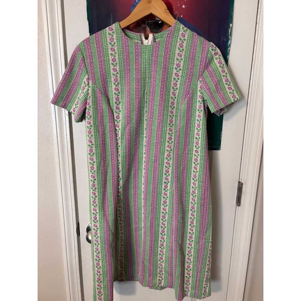 Vintage 60s 70s Floral Stripe Shift Dress Green Purple Mod Retro Short Sleeve